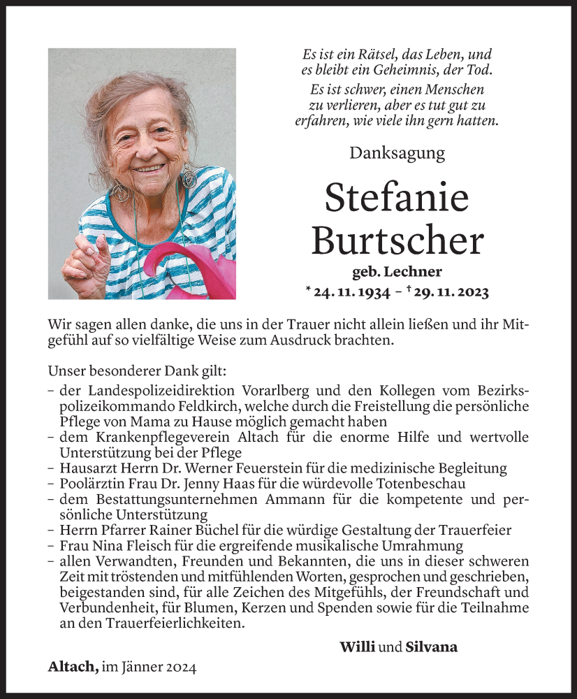  Todesanzeige für Stefanie Burtscher vom 22.01.2024 aus Vorarlberger Nachrichten
