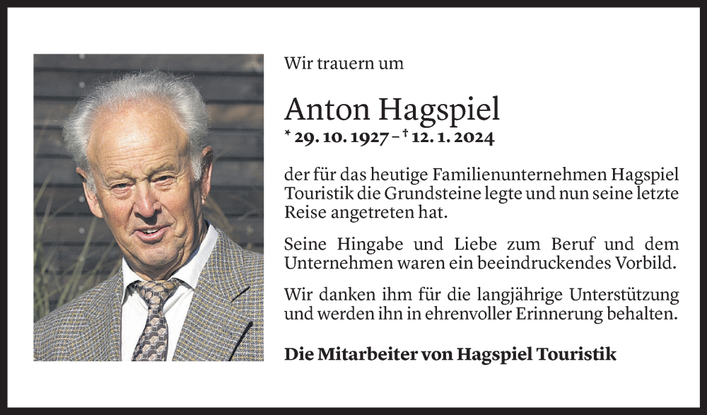  Todesanzeige für Anton Hagspiel vom 16.01.2024 aus Vorarlberger Nachrichten