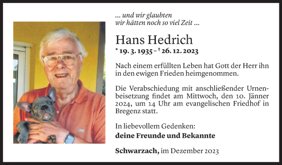 Todesanzeige von Hans Hedrich von Vorarlberger Nachrichten