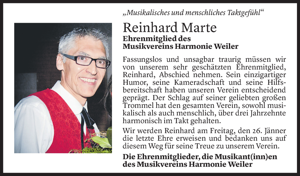  Todesanzeige für Reinhard Marte vom 24.01.2024 aus Vorarlberger Nachrichten