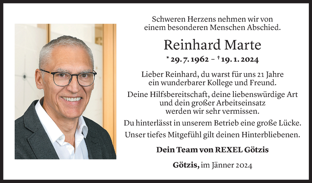  Todesanzeige für Reinhard Marte vom 24.01.2024 aus Vorarlberger Nachrichten