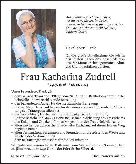 Todesanzeige von Katharina Zudrell von Vorarlberger Nachrichten