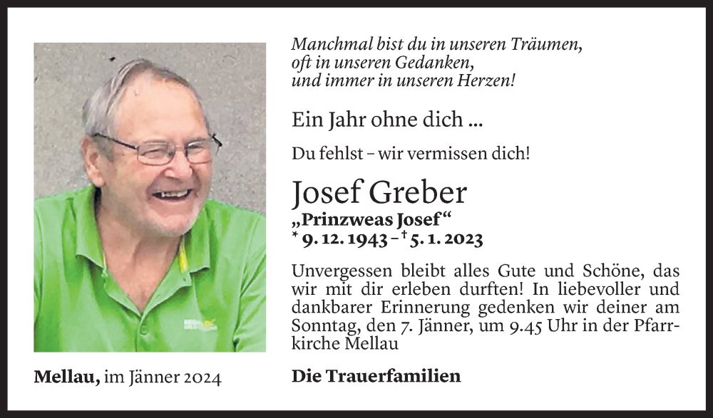  Todesanzeige für Josef Greber vom 04.01.2024 aus Vorarlberger Nachrichten