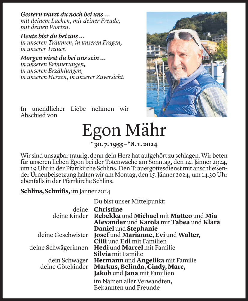  Todesanzeige für Egon Mähr vom 11.01.2024 aus Vorarlberger Nachrichten