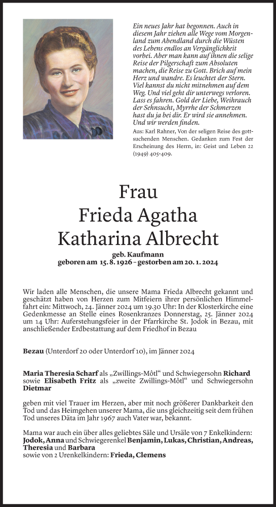  Todesanzeige für Frieda Agatha Katharina Albrecht vom 23.01.2024 aus Vorarlberger Nachrichten