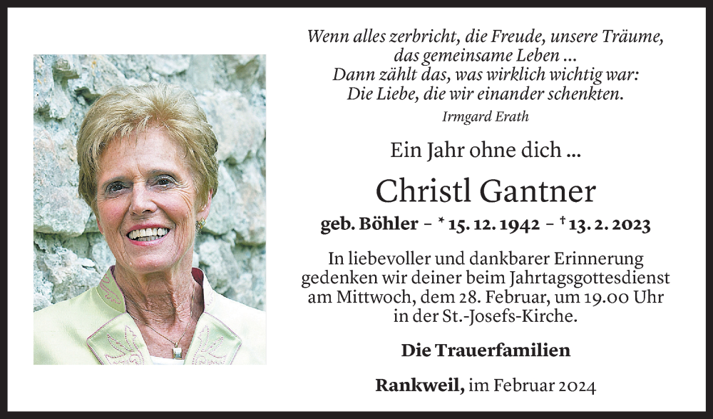  Todesanzeige für Christl Gantner vom 17.02.2024 aus Vorarlberger Nachrichten