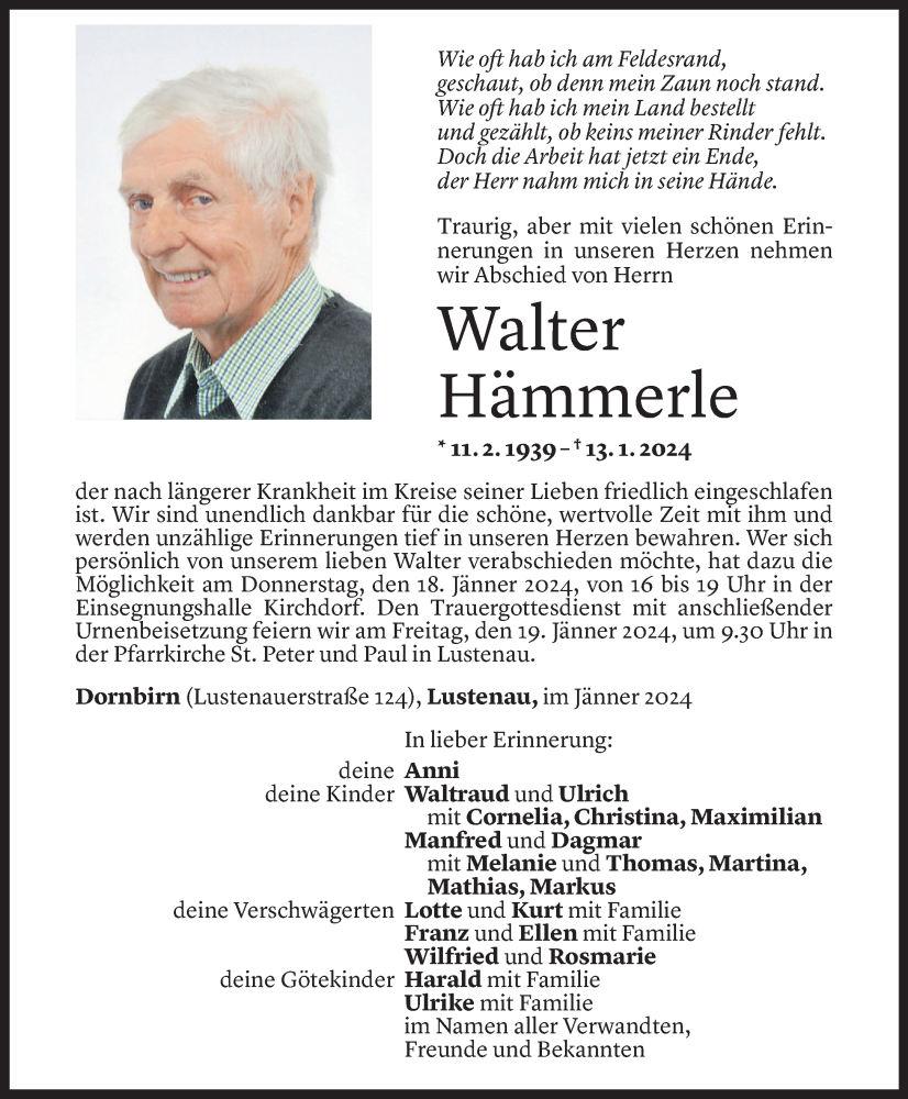  Todesanzeige für Walter Hämmerle vom 16.01.2024 aus Vorarlberger Nachrichten