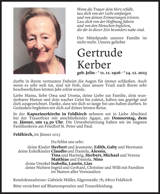 Todesanzeige von Gertrude Kerber von Vorarlberger Nachrichten