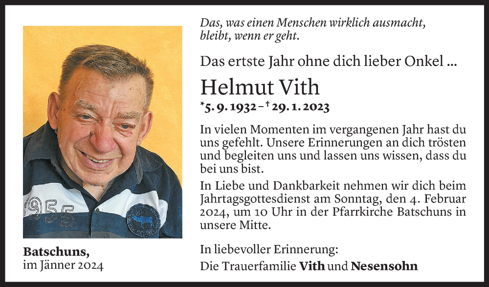  Todesanzeige für Helmut Vith vom 30.01.2024 aus Vorarlberger Nachrichten