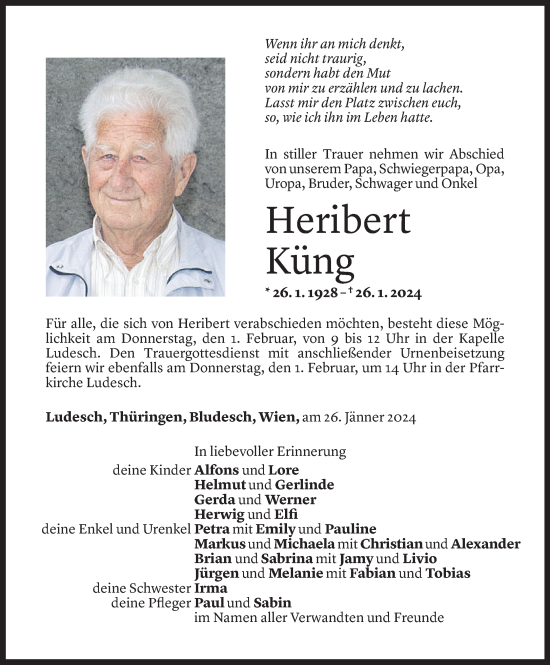 Todesanzeige von Heribert Küng von Vorarlberger Nachrichten