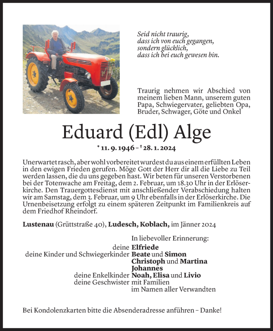Todesanzeige von Eduard Alge von Vorarlberger Nachrichten