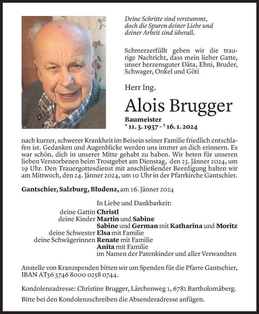  Todesanzeige für Alois Brugger vom 19.01.2024 aus Vorarlberger Nachrichten