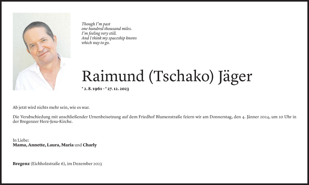  Todesanzeige für Raimund Jäger vom 01.01.2024 aus Vorarlberger Nachrichten