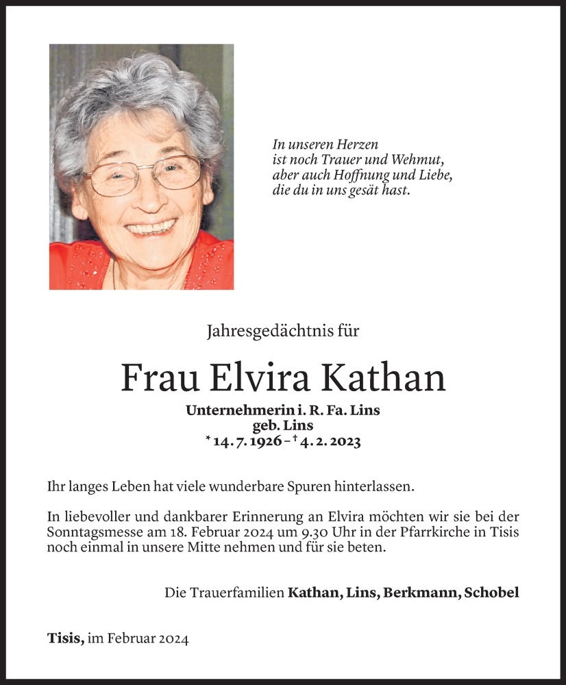  Todesanzeige für Elvira Kathan vom 03.02.2024 aus Vorarlberger Nachrichten