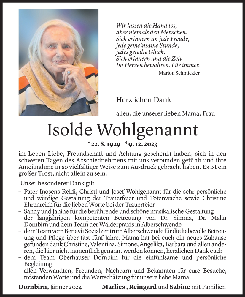  Todesanzeige für Isolde Wohlgenannt vom 12.01.2024 aus Vorarlberger Nachrichten