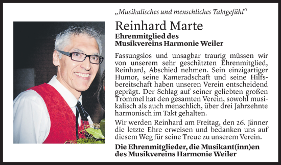 Todesanzeige von Reinhard Marte von Vorarlberger Nachrichten