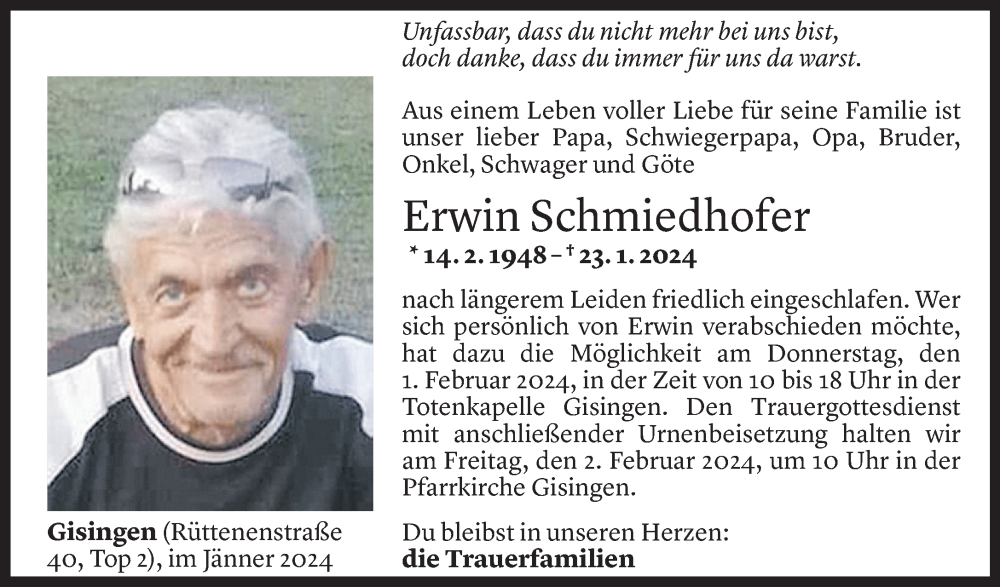  Todesanzeige für Erwin Schmiedhofer vom 30.01.2024 aus Vorarlberger Nachrichten