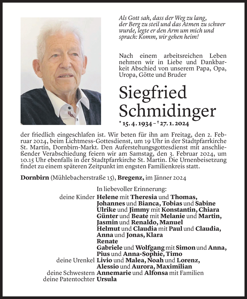  Todesanzeige für Siegfried Schmidinger vom 31.01.2024 aus Vorarlberger Nachrichten