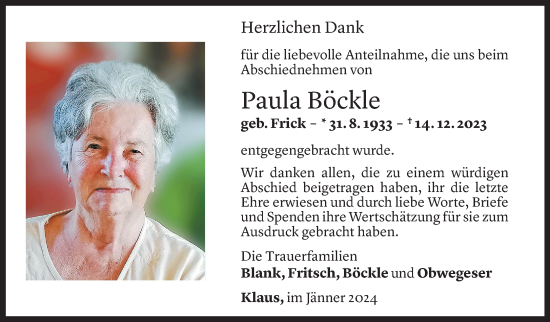 Todesanzeige von Paula Böckle von vorarlberger nachrichten