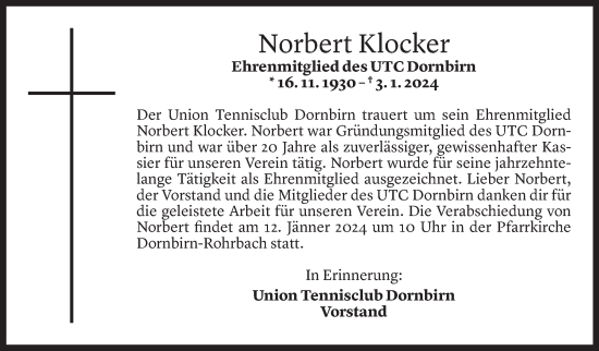 Todesanzeige von Norbert Klocker von Vorarlberger Nachrichten