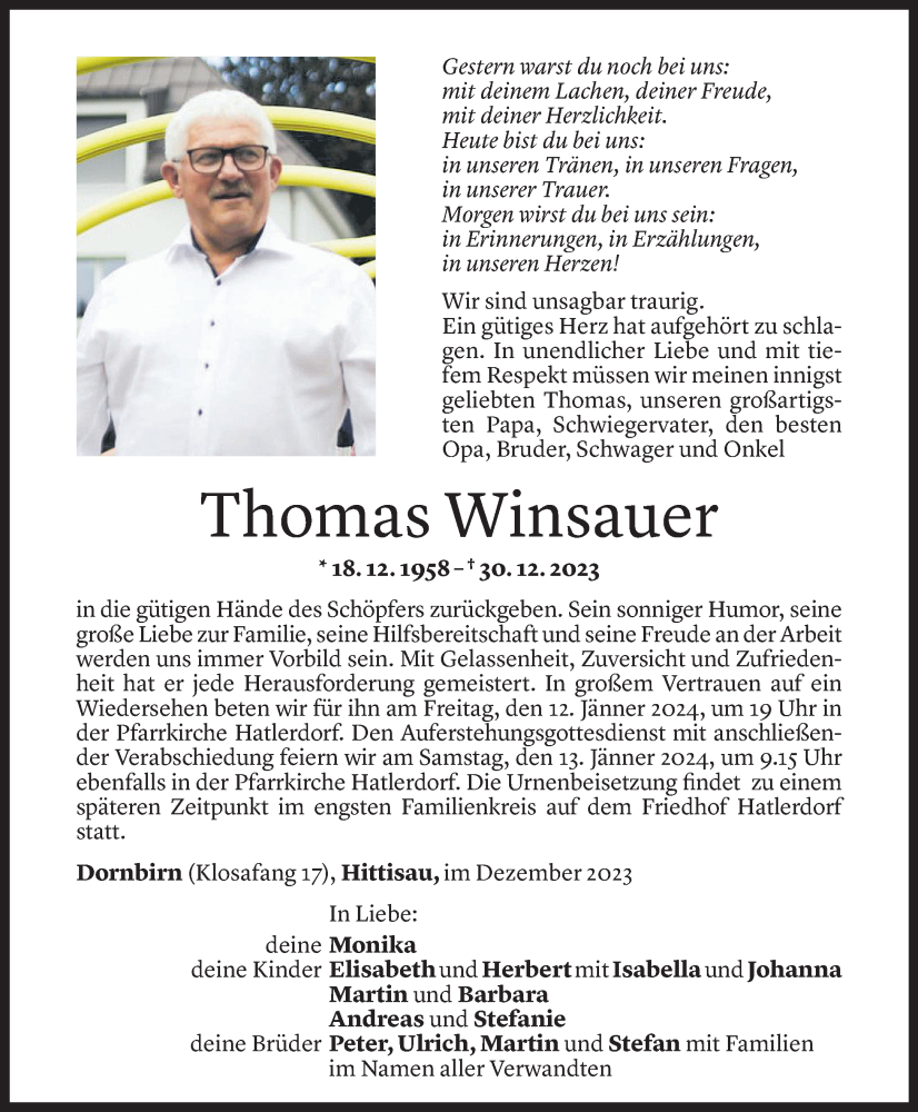  Todesanzeige für Thomas Winsauer vom 08.01.2024 aus Vorarlberger Nachrichten