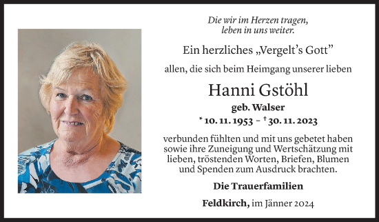 Todesanzeige von Hanni Gstöhl von vorarlberger nachrichten