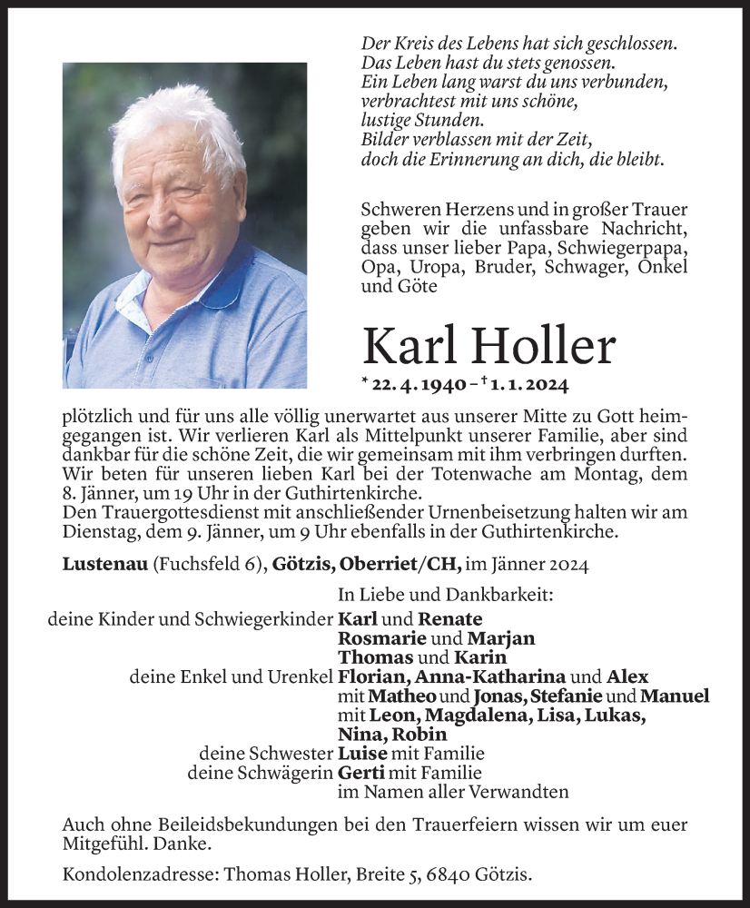  Todesanzeige für Karl Holler vom 03.01.2024 aus Vorarlberger Nachrichten