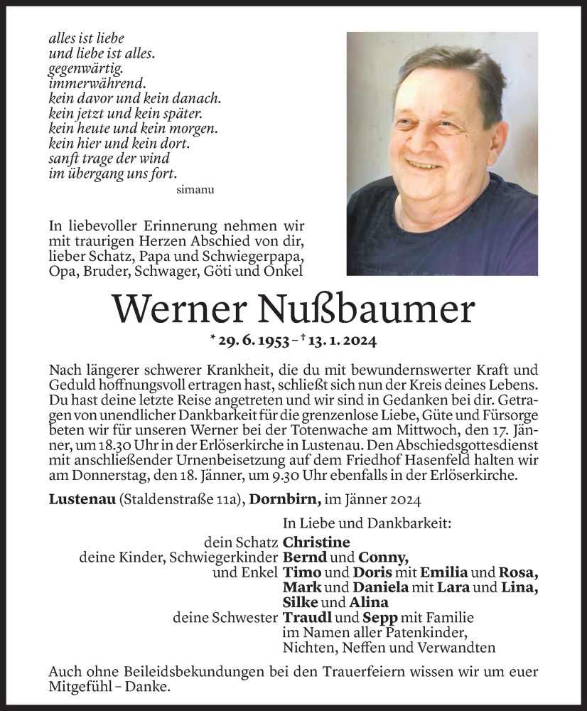  Todesanzeige für Werner Nußbaumer vom 16.01.2024 aus Vorarlberger Nachrichten