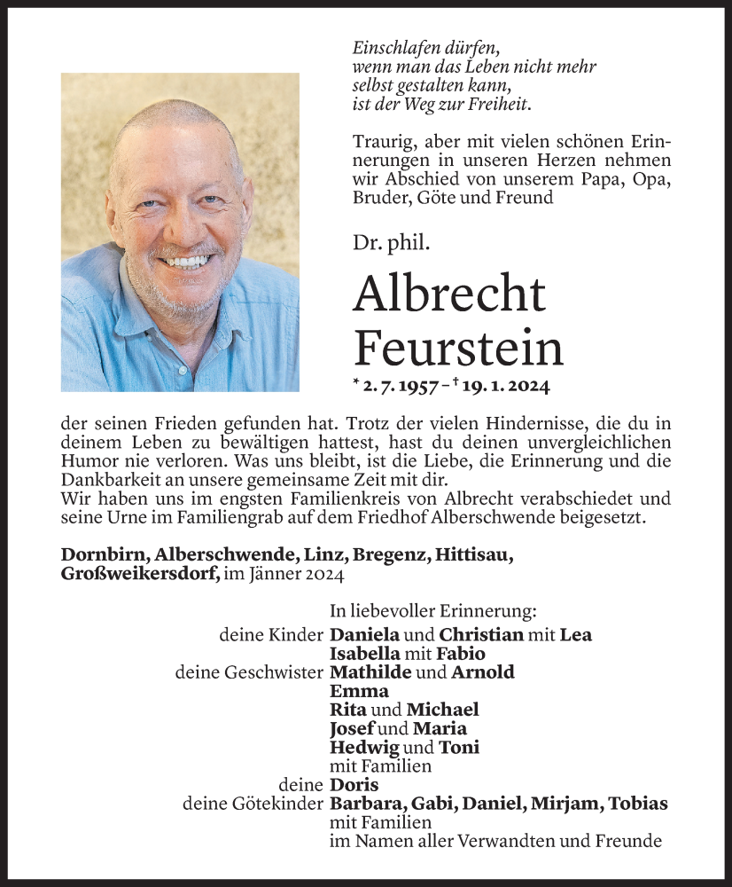  Todesanzeige für Albrecht Feurstein vom 31.01.2024 aus Vorarlberger Nachrichten