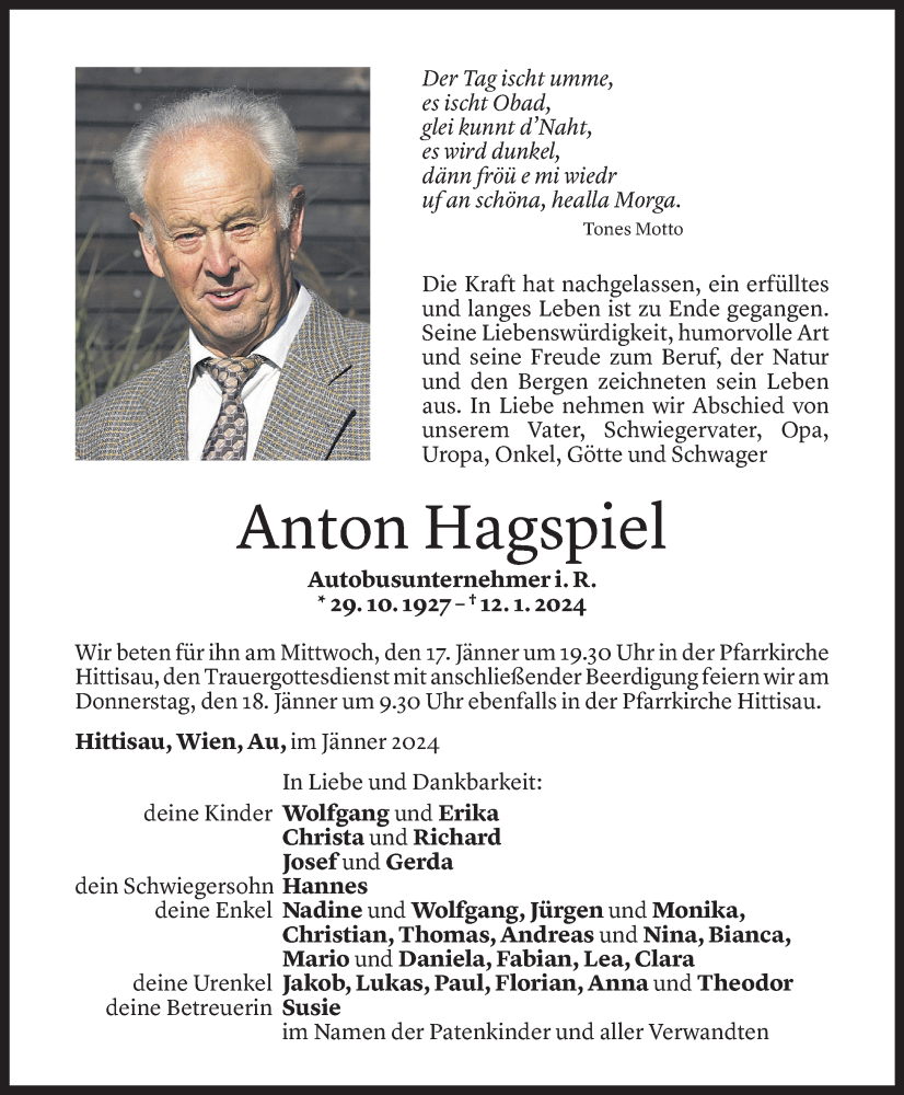  Todesanzeige für Anton Hagspiel vom 16.01.2024 aus Vorarlberger Nachrichten