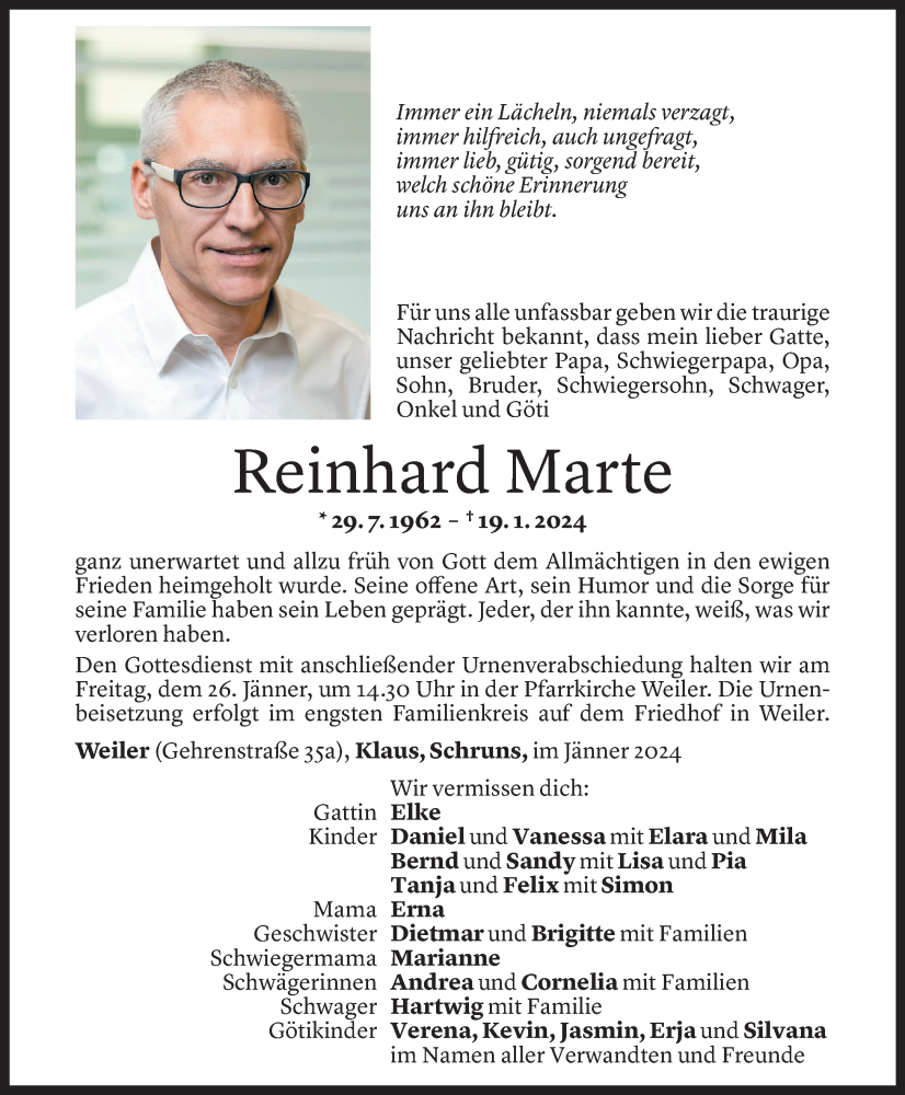  Todesanzeige für Reinhard Marte vom 23.01.2024 aus Vorarlberger Nachrichten