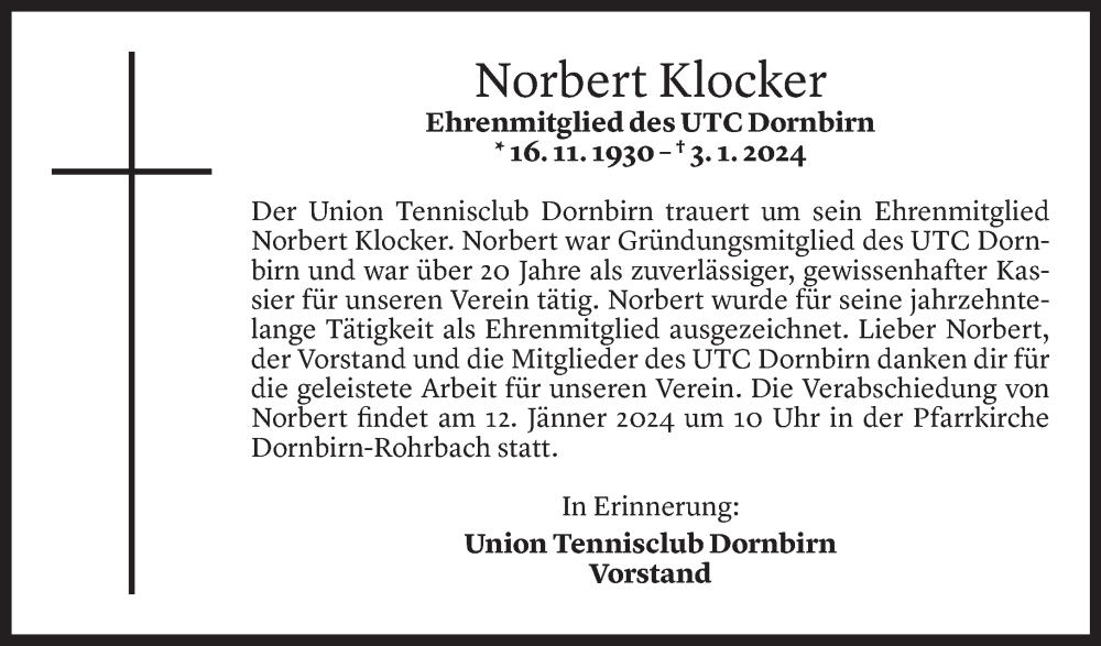  Todesanzeige für Norbert Klocker vom 11.01.2024 aus Vorarlberger Nachrichten