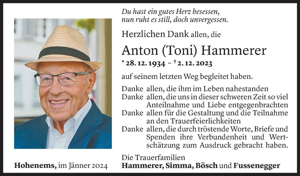  Todesanzeige für Anton Hammerer vom 13.01.2024 aus Vorarlberger Nachrichten