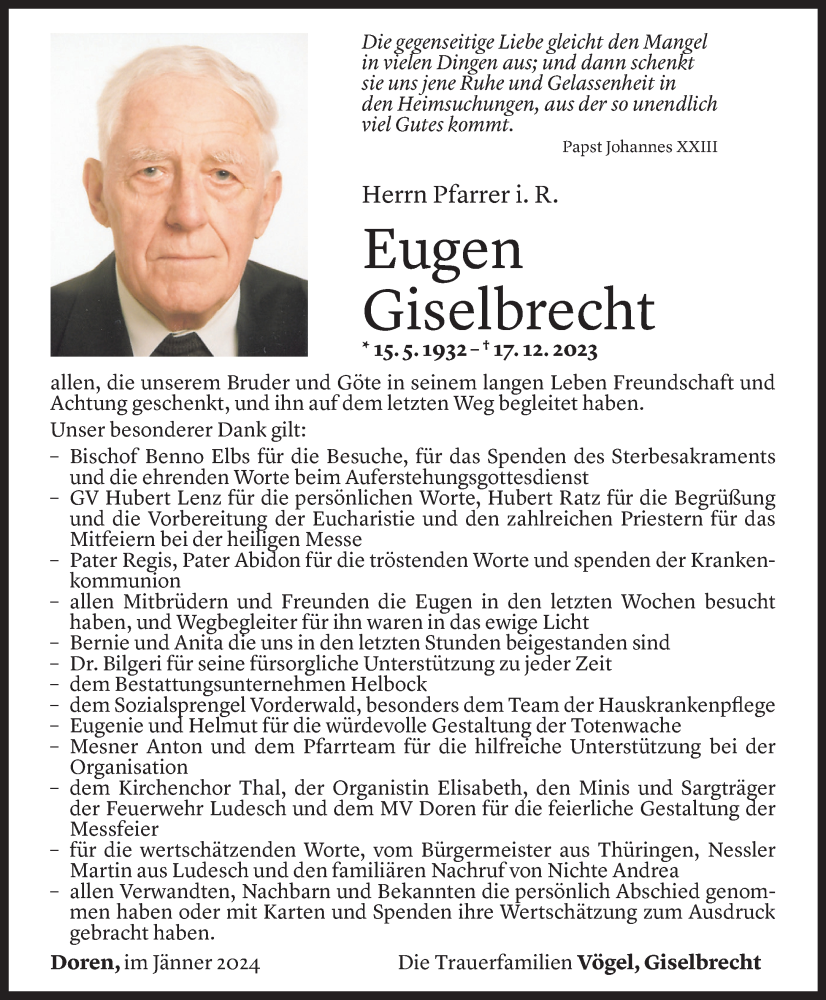  Todesanzeige für Eugen Giselbrecht vom 03.01.2024 aus Vorarlberger Nachrichten