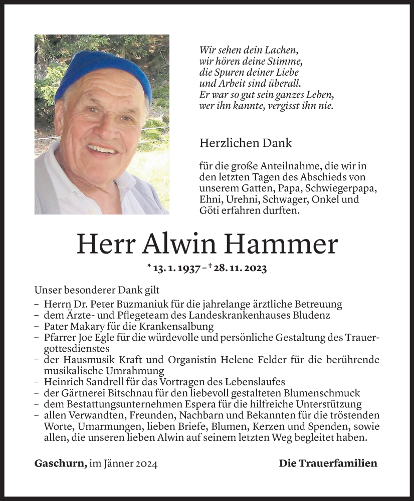  Todesanzeige für Alwin Hammer vom 20.01.2024 aus Vorarlberger Nachrichten