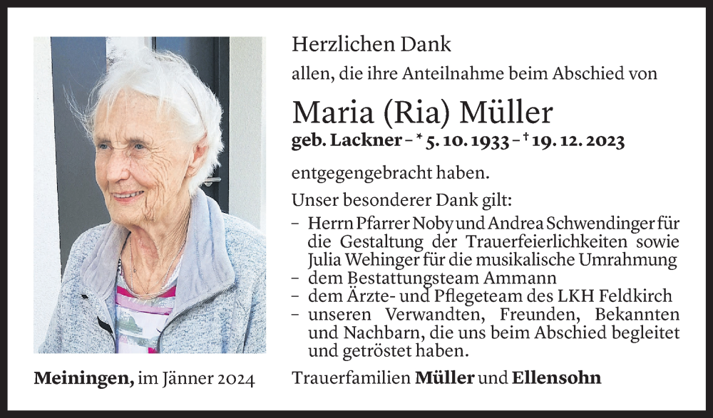  Todesanzeige für Maria Müller vom 13.01.2024 aus Vorarlberger Nachrichten