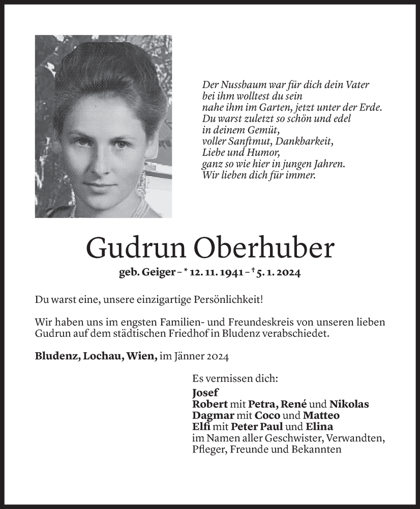  Todesanzeige für Gudrun Oberhuber vom 13.01.2024 aus Vorarlberger Nachrichten