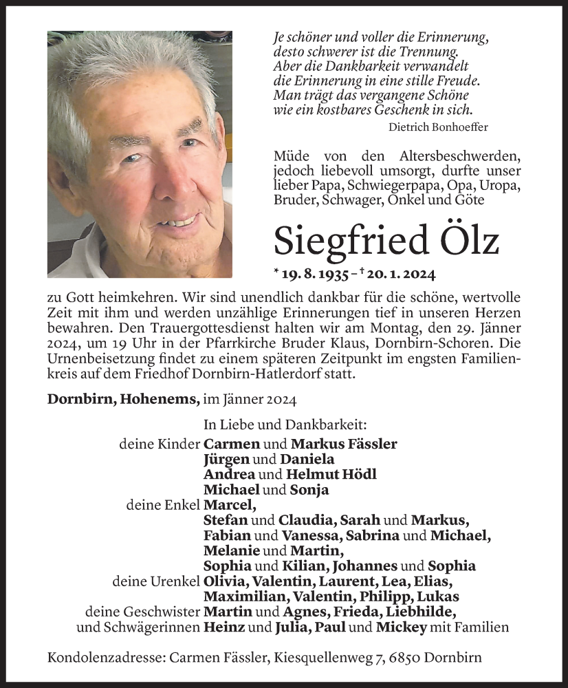  Todesanzeige für Siegfried Ölz vom 26.01.2024 aus Vorarlberger Nachrichten