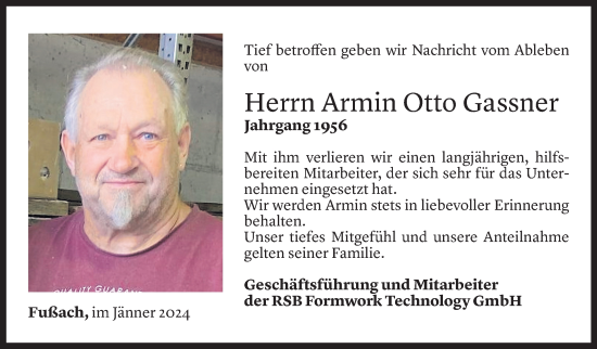 Todesanzeige von Armin Gassner von Vorarlberger Nachrichten