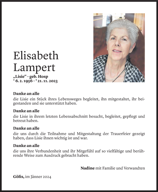 Todesanzeige von Elisabeth Lampert von Vorarlberger Nachrichten