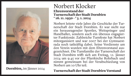 Todesanzeige von Norbert Klocker von Vorarlberger Nachrichten