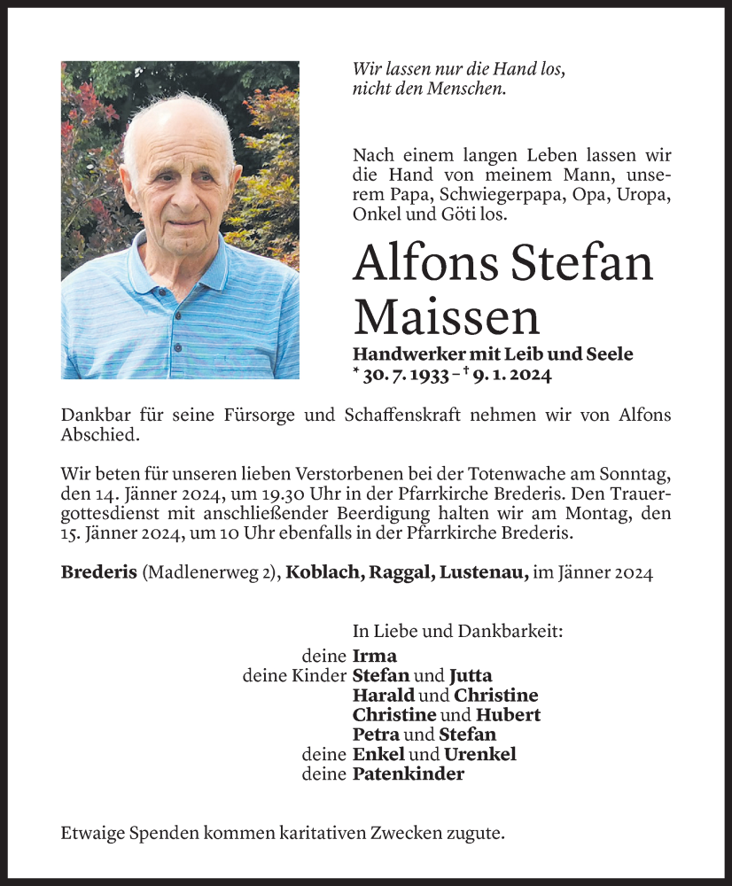  Todesanzeige für Alfons Stefan Maissen vom 12.01.2024 aus Vorarlberger Nachrichten