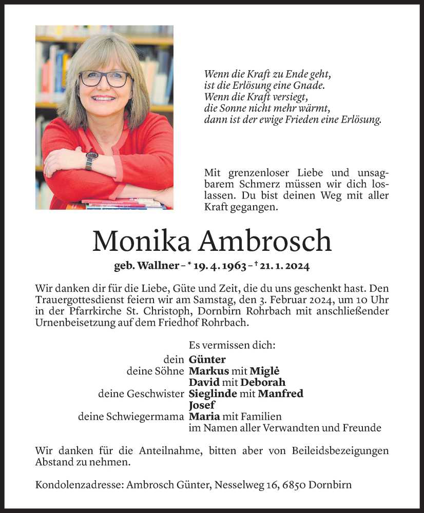  Todesanzeige für Monika Ambrosch vom 29.01.2024 aus Vorarlberger Nachrichten