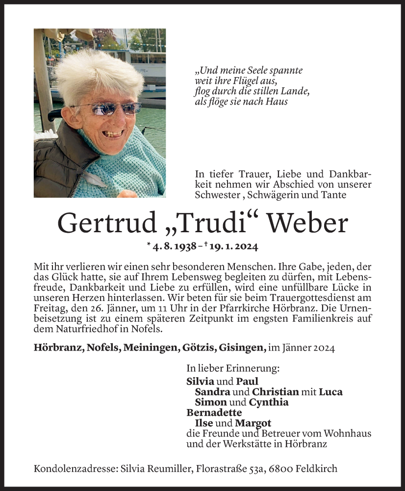  Todesanzeige für Gertrud Weber vom 24.01.2024 aus Vorarlberger Nachrichten