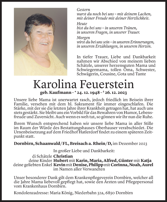 Todesanzeige von Karolina Feuerstein von Vorarlberger Nachrichten