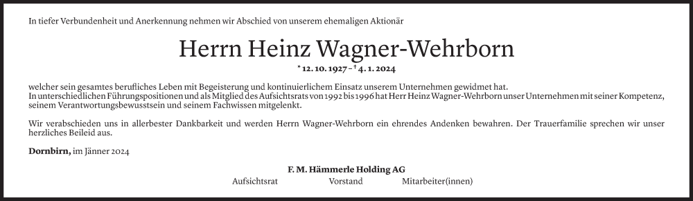  Todesanzeige für Heinz Baron Wagner-Wehrborn vom 09.01.2024 aus Vorarlberger Nachrichten