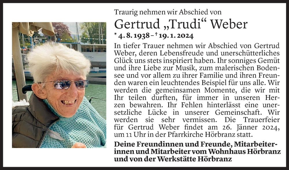  Todesanzeige für Gertrud Weber vom 24.01.2024 aus Vorarlberger Nachrichten