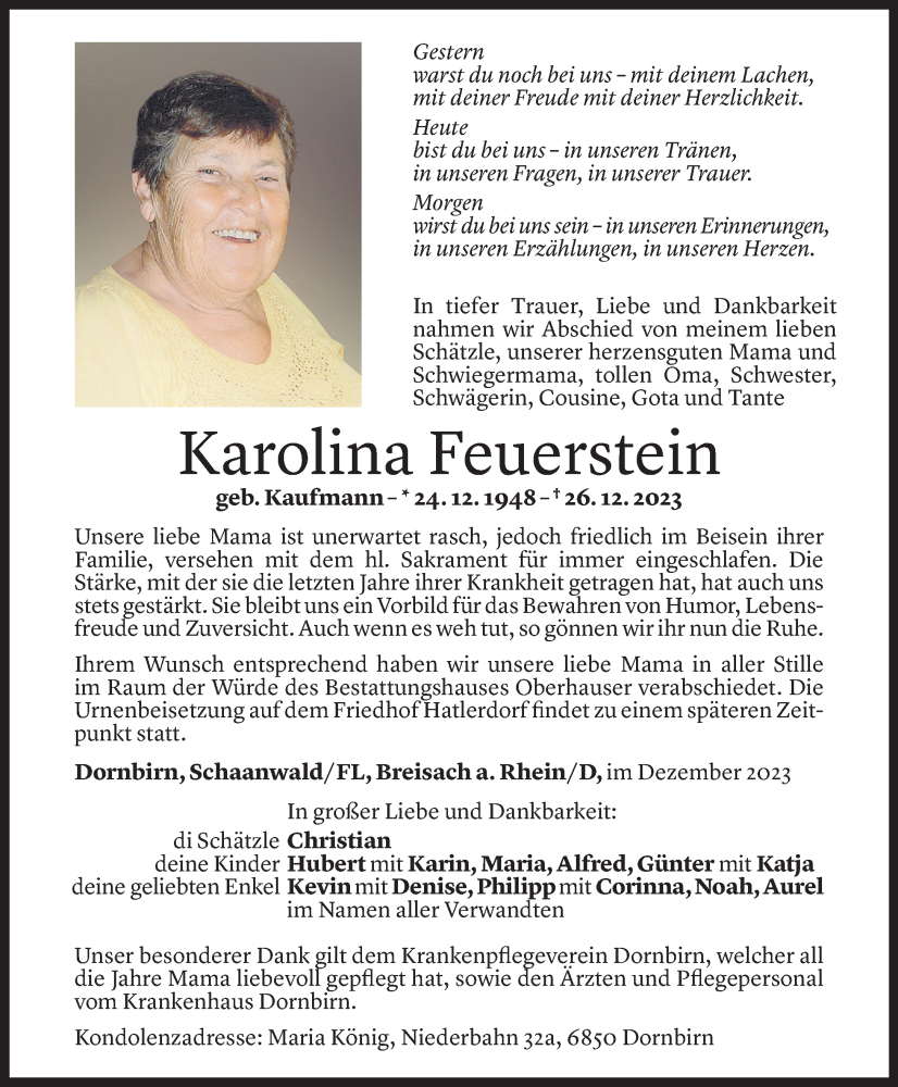  Todesanzeige für Karolina Feuerstein vom 08.01.2024 aus Vorarlberger Nachrichten