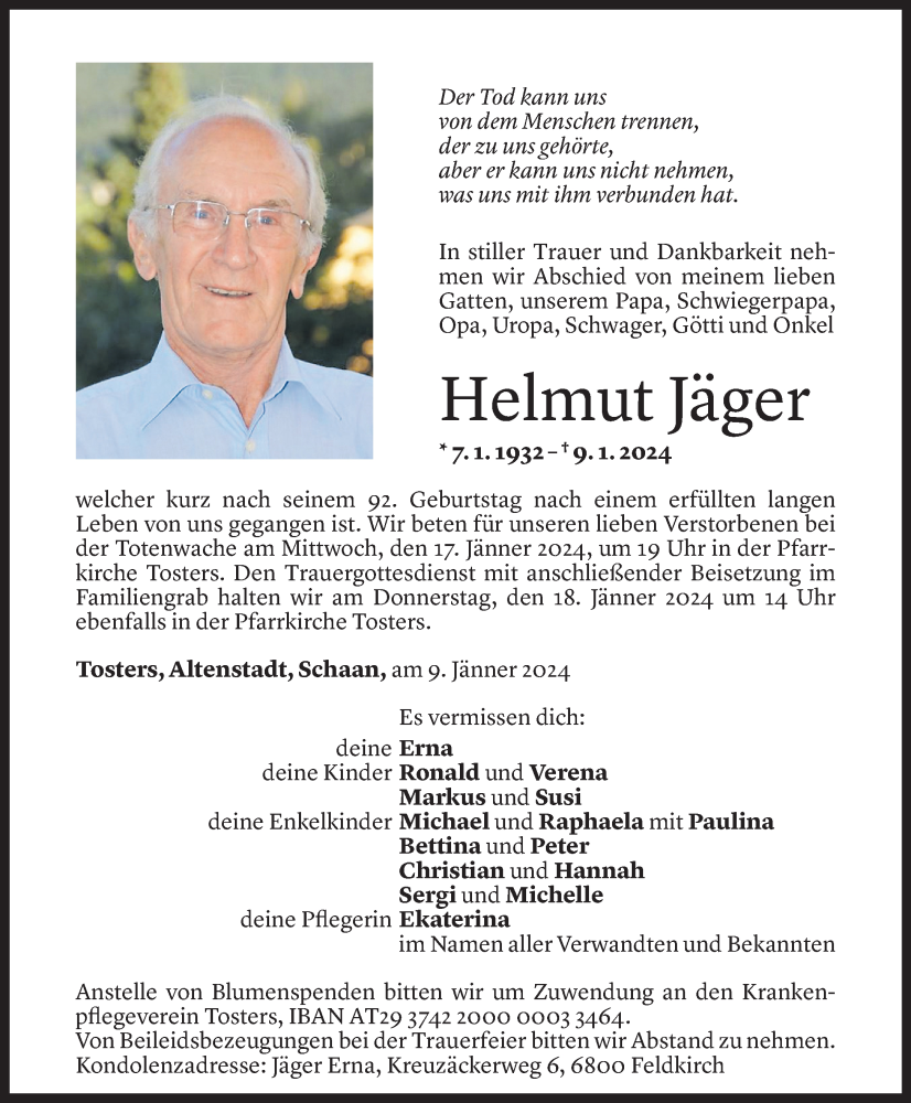  Todesanzeige für Helmut Jäger vom 14.01.2024 aus Vorarlberger Nachrichten