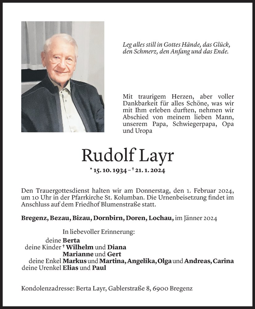  Todesanzeige für Rudolf Layr vom 26.01.2024 aus Vorarlberger Nachrichten